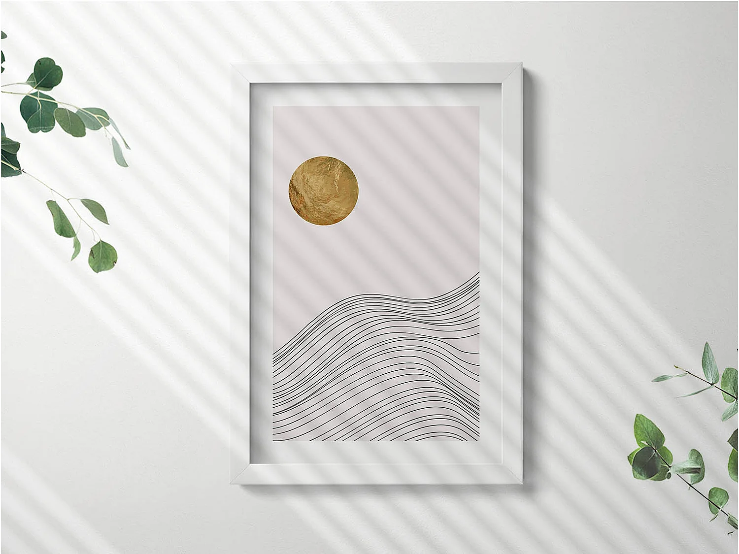 Dekoratives Gemälde mit weißem Rahmen, minimalistische Abstraktion mit goldenen Details, 20 x 30 cm – perfekt für das Wohn- oder Schlafzimmer