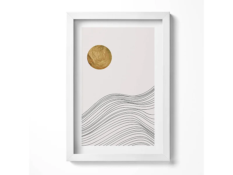 Dekoratives Gemälde mit weißem Rahmen, minimalistische Abstraktion mit goldenen Details, 20 x 30 cm – perfekt für das Wohn- oder Schlafzimmer