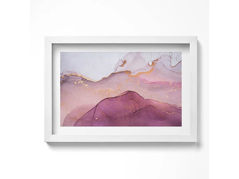 Cuadro decorativo con marco blanco, Abstracción rosa con dorado 30 x 20 cm - Perfecto para el salón o el dormitorio
