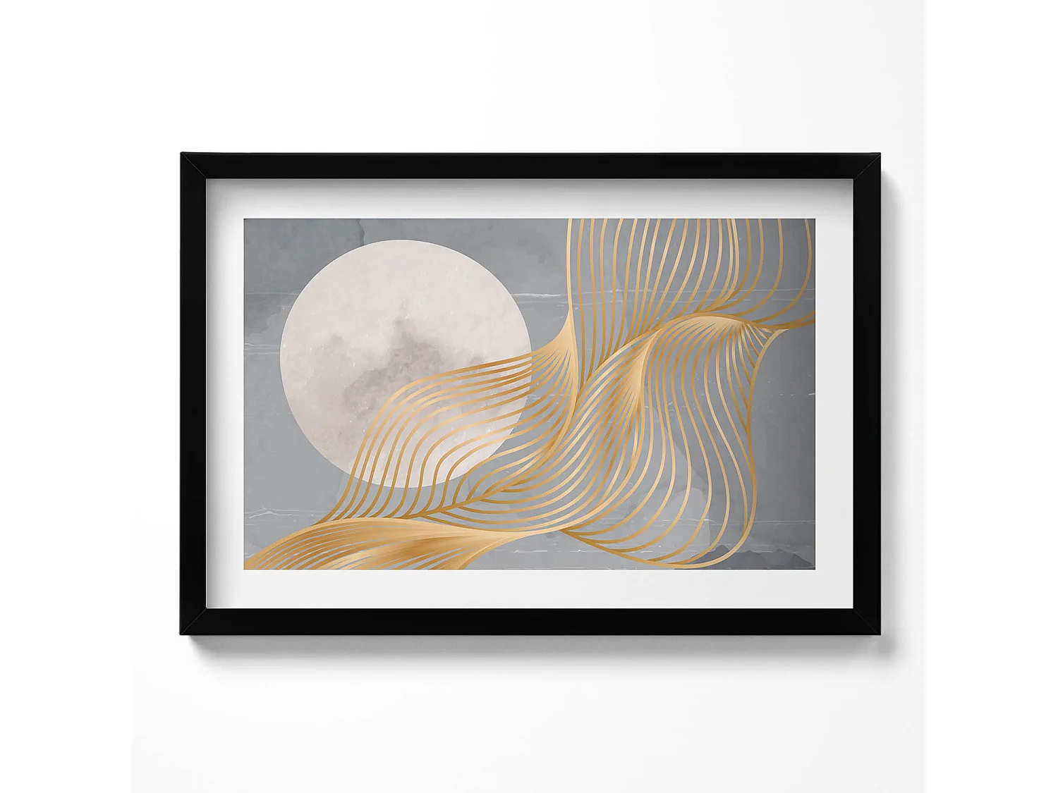 Dekoratives Gemälde mit schwarzem Rahmen, abstrakte Illustration des Mondes mit Gold 60 x 40 cm – perfekt für das Wohn- oder Schlafzimmer