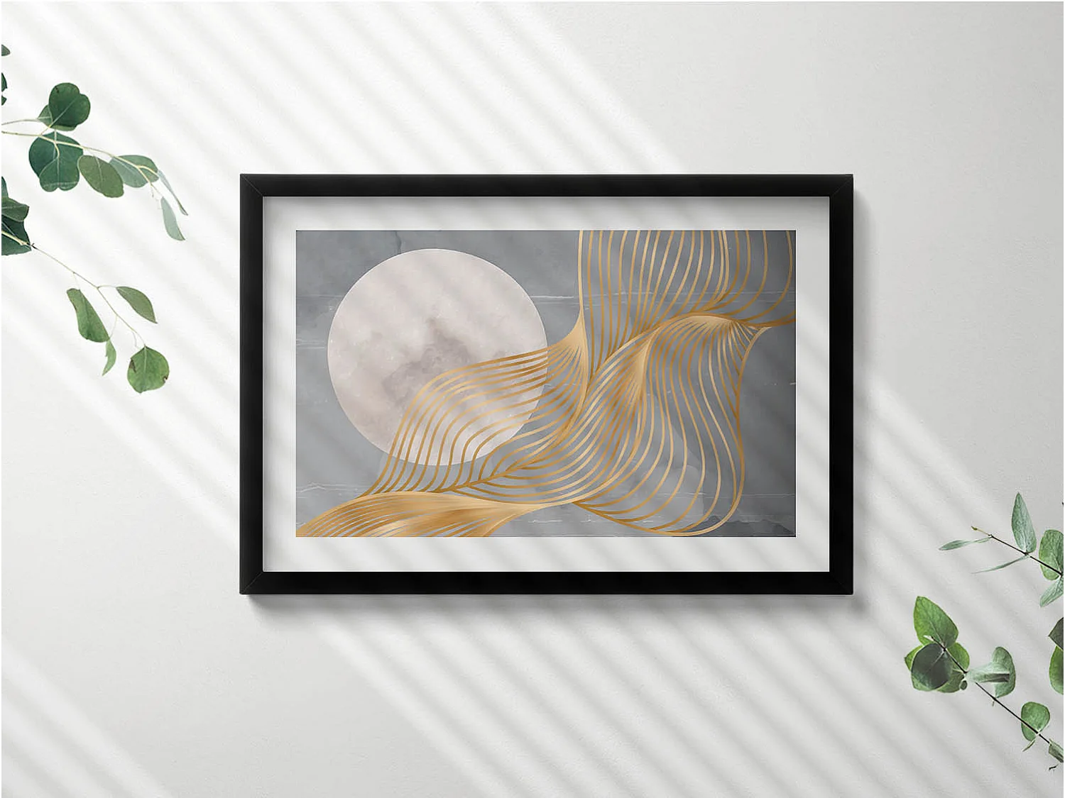 Dekoratives Gemälde mit schwarzem Rahmen, abstrakte Illustration des Mondes mit Gold 60 x 40 cm – perfekt für das Wohn- oder Schlafzimmer