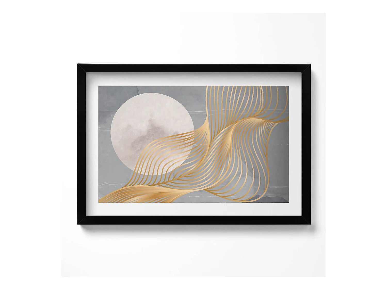 Tableau décoratif avec cadre noir, Illustration abstraite de la lune avec de l'or 60 x 40 cm– Parfait pour le salon ou la chambre