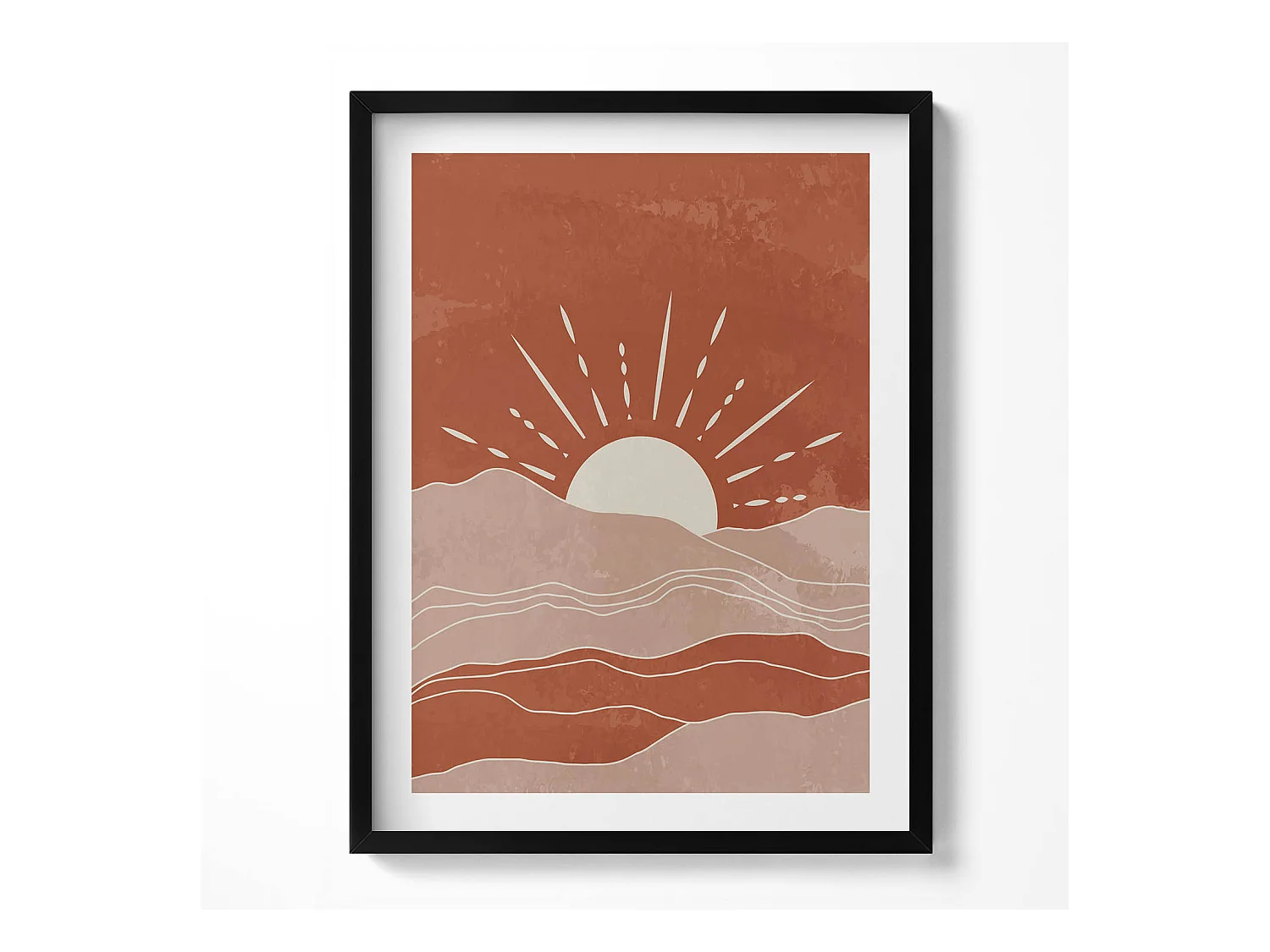 Tableau décoratif avec cadre noir, Illustration du soleil levant 60 x 80 cm– Parfait pour le salon ou la chambre