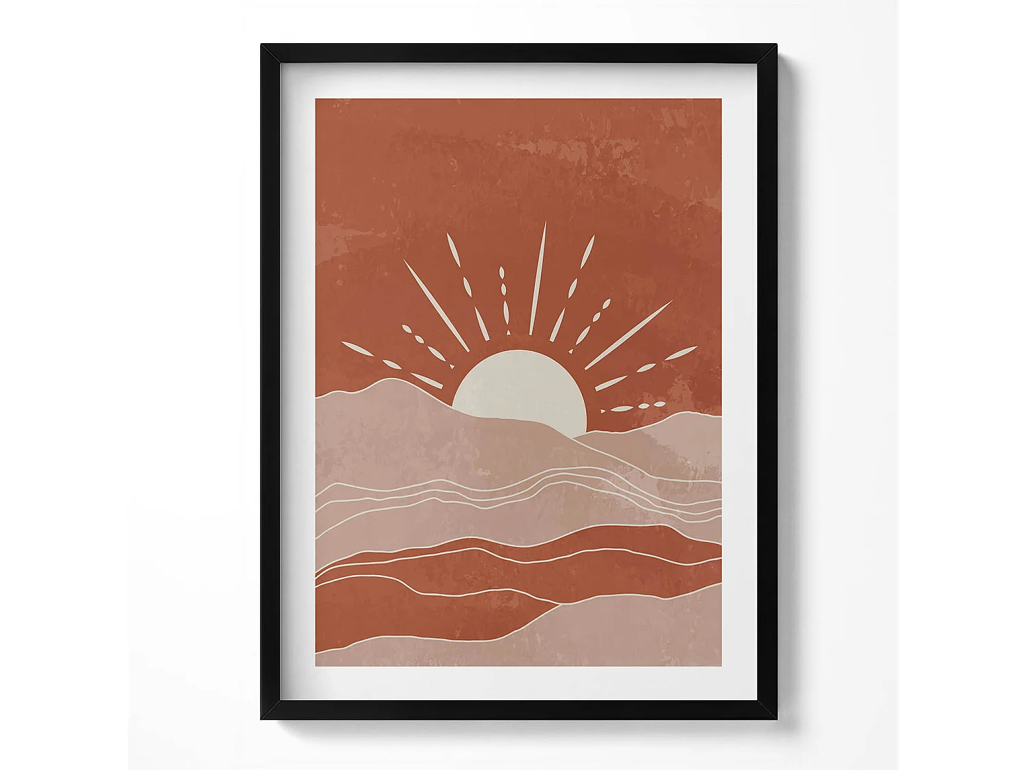 Tableau décoratif avec cadre noir, Illustration du soleil levant 60 x 80 cm– Parfait pour le salon ou la chambre