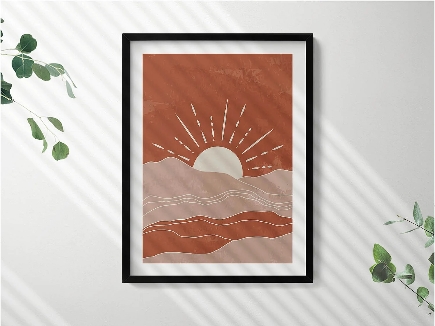 Tableau décoratif avec cadre noir, Illustration du soleil levant 60 x 80 cm– Parfait pour le salon ou la chambre