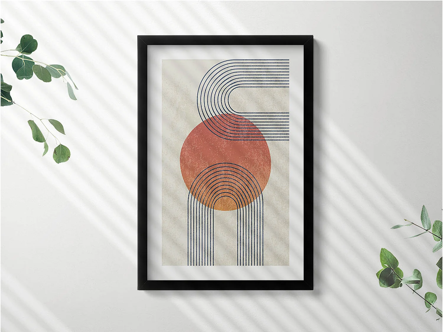 Dekoratives Gemälde mit schwarzem Rahmen, Linien und Kreis moderner Kunst 40 x 60 cm – Perfekt für das Wohn- oder Schlafzimmer