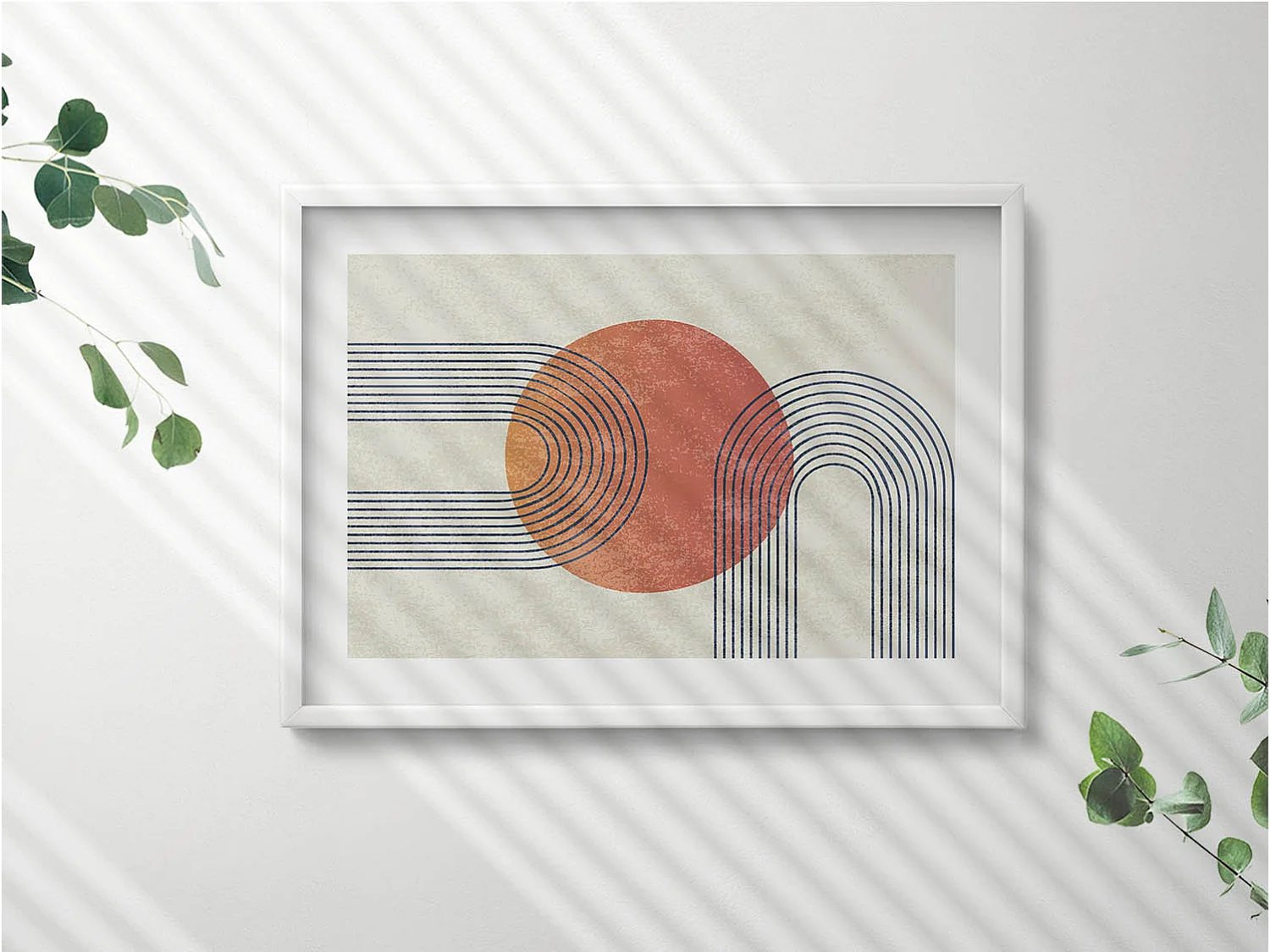 Dekoratives Gemälde mit weißem Rahmen, Linien und Kreis moderner Kunst 70 x 50 cm – Perfekt für das Wohn- oder Schlafzimmer