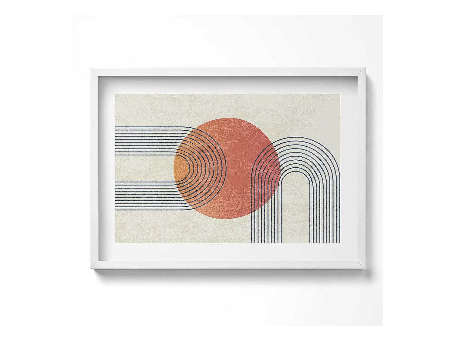 Tableau décoratif avec cadre blanc, Lignes et cercle d'art moderne 70 x 50 cm– Parfait pour le salon ou la chambre