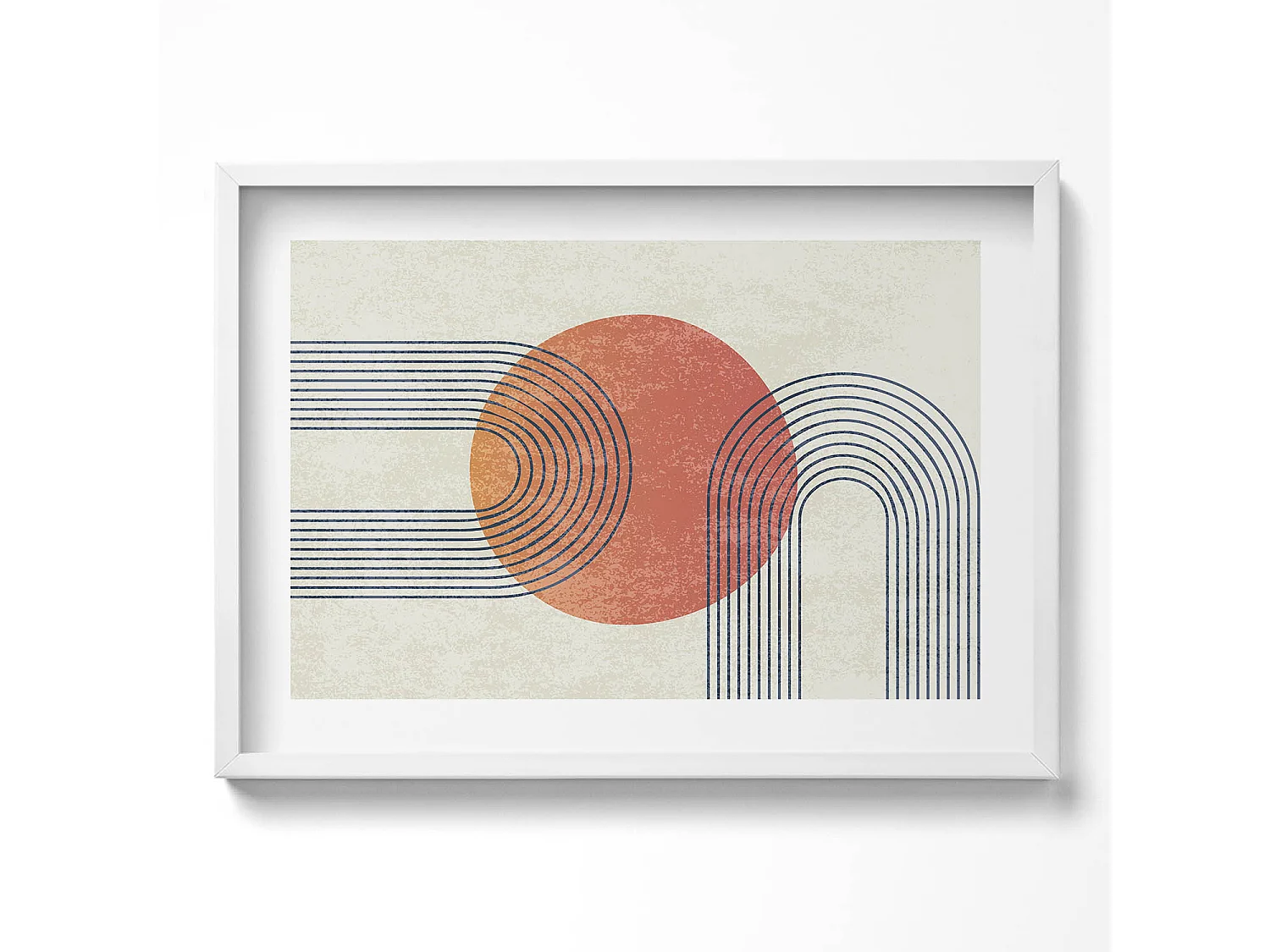 Decoratief schilderij met witte lijst, Lijnen en cirkel van moderne kunst 70 x 50 cm – Perfect voor de woon- of slaapkamer