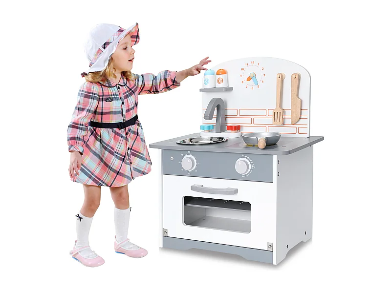 Cocina infantil multifuncional - ORYXEARTH - 40x24,5x50cm - Madera - Espátulas y sartenes - Gris