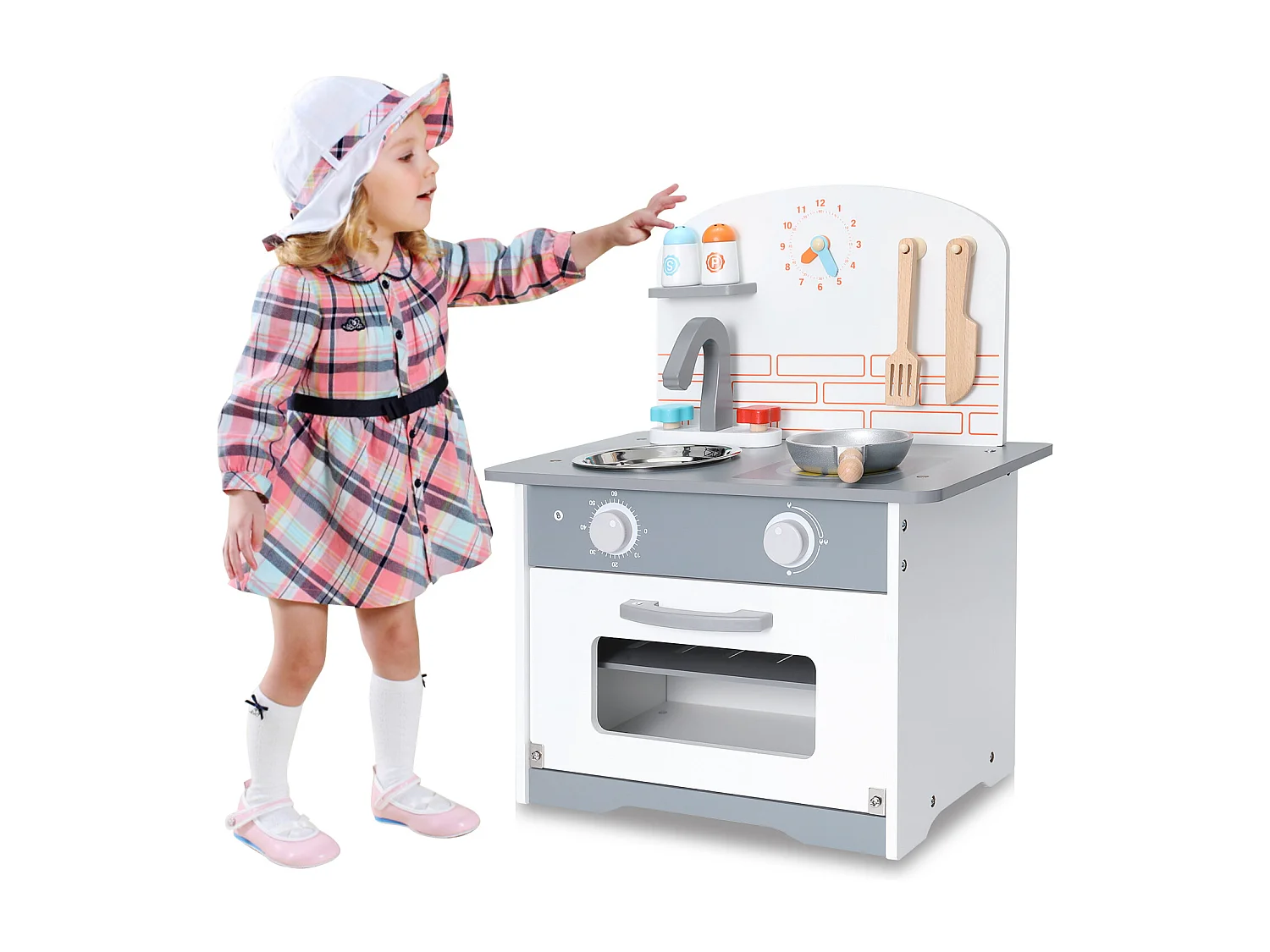 Cocina infantil multifuncional - ORYXEARTH - 40x24,5x50cm - Madera - Espátulas y sartenes - Gris