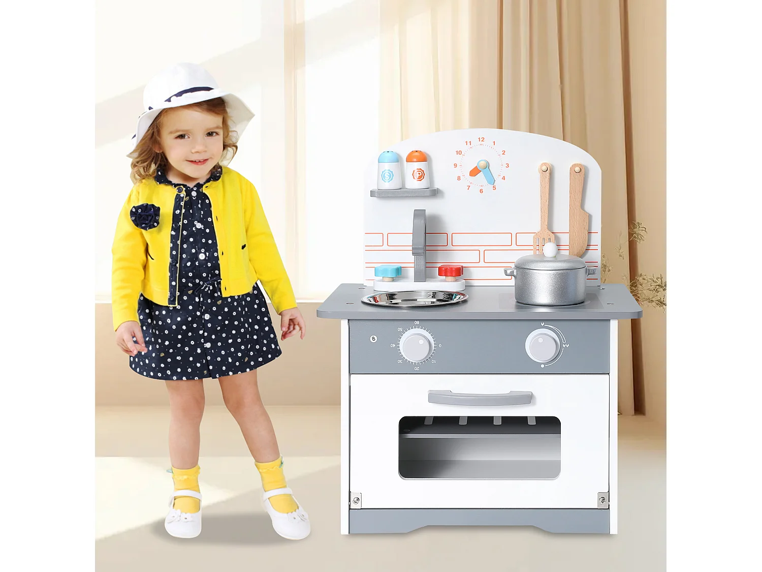 Cocina infantil multifuncional - ORYXEARTH - 40x24,5x50cm - Madera - Espátulas y sartenes - Gris