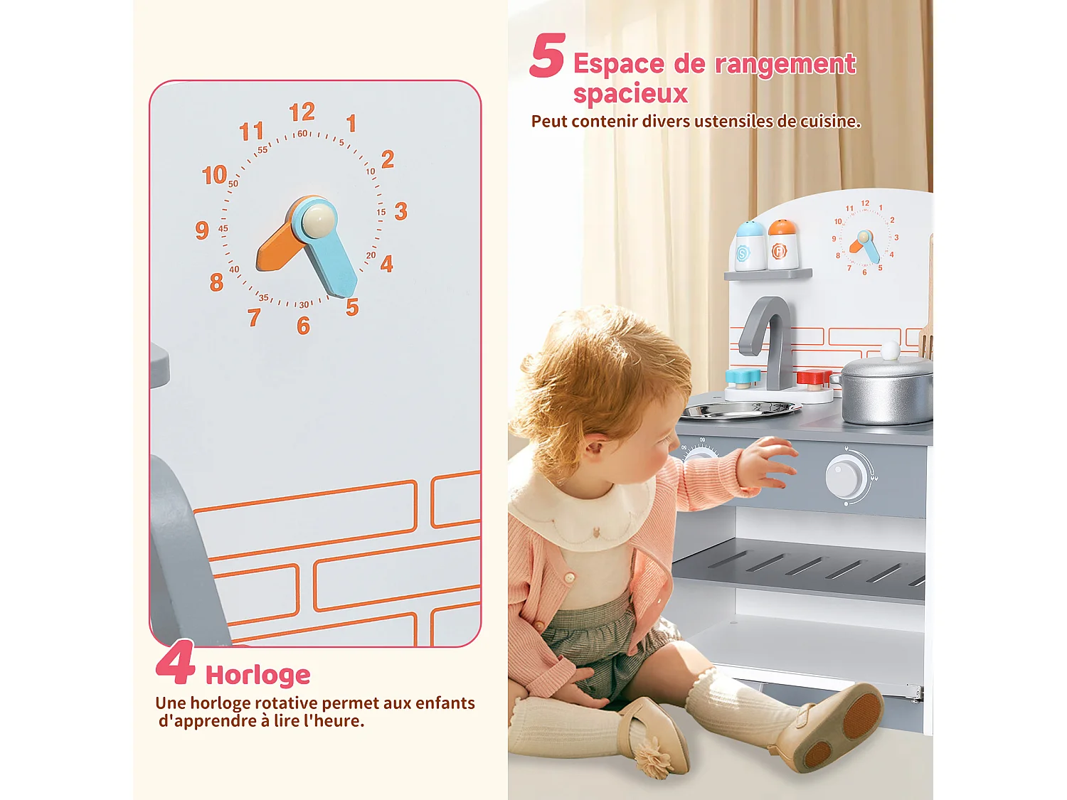 Cocina infantil multifuncional - ORYXEARTH - 40x24,5x50cm - Madera - Espátulas y sartenes - Gris