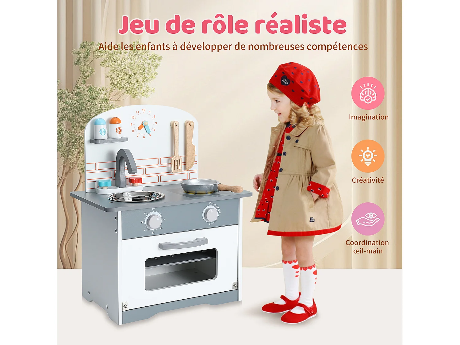 Cocina infantil multifuncional - ORYXEARTH - 40x24,5x50cm - Madera - Espátulas y sartenes - Gris