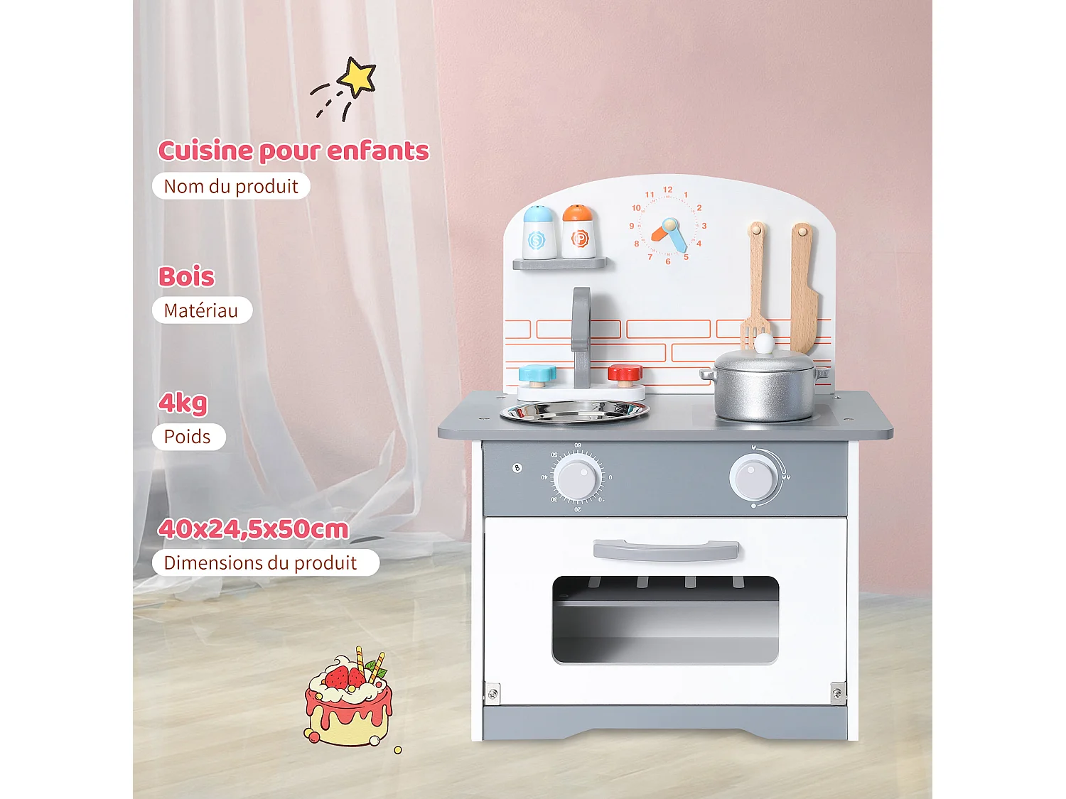 Cocina infantil multifuncional - ORYXEARTH - 40x24,5x50cm - Madera - Espátulas y sartenes - Gris