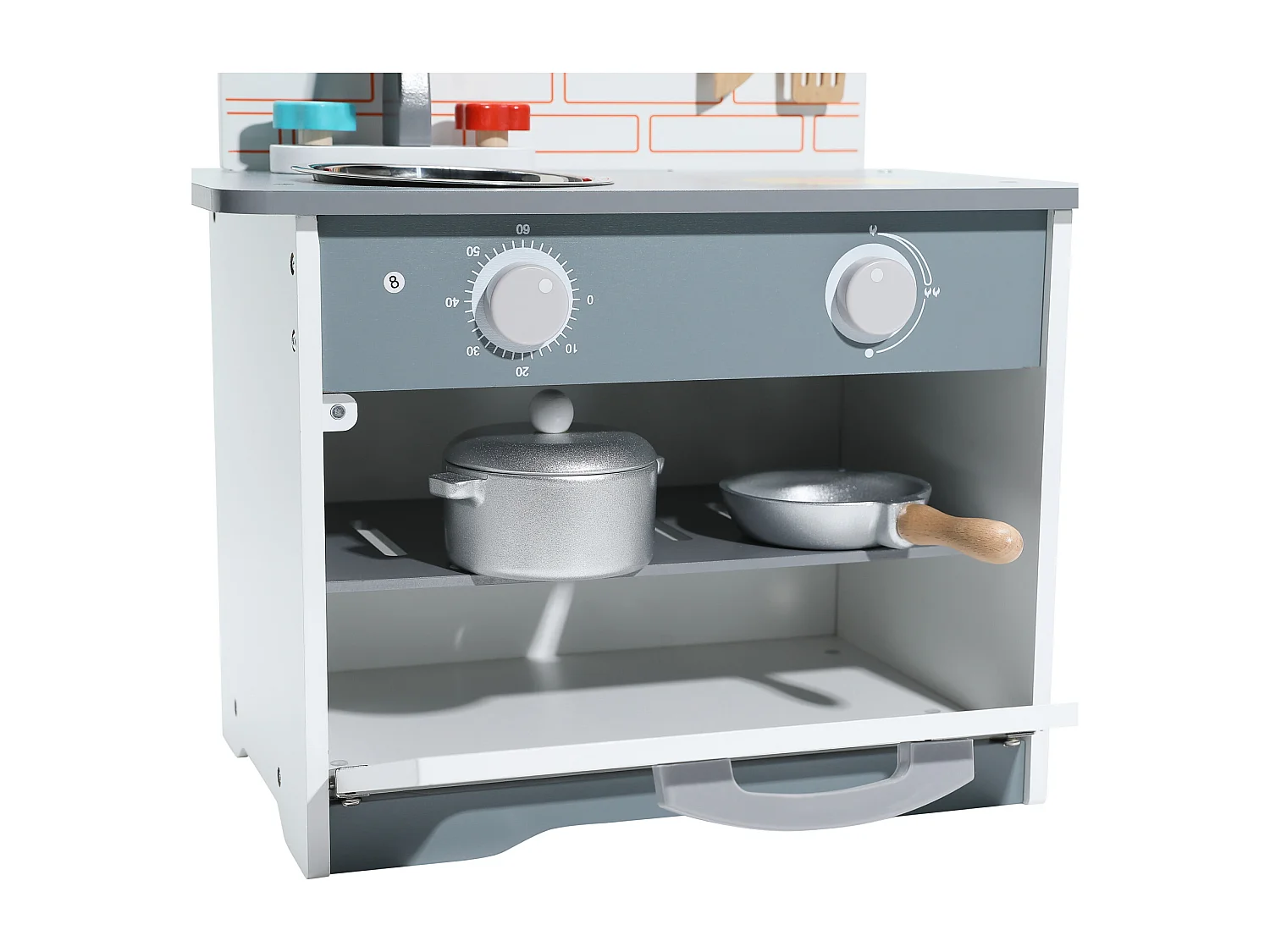 Cocina infantil multifuncional - ORYXEARTH - 40x24,5x50cm - Madera - Espátulas y sartenes - Gris