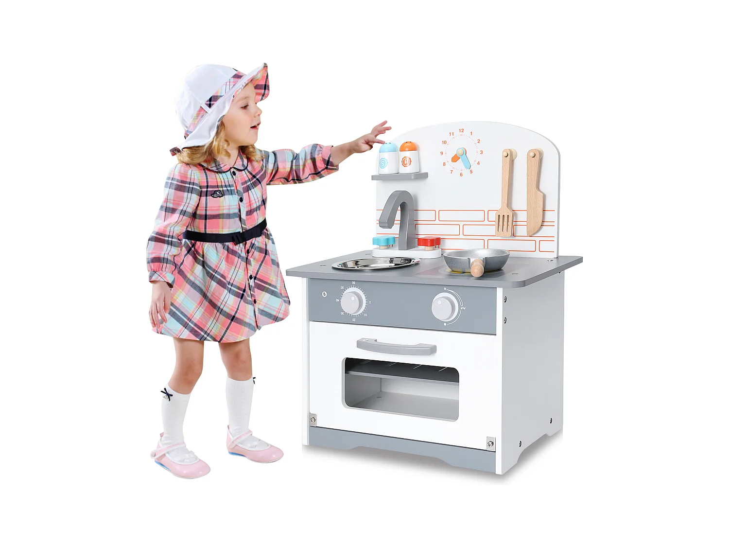 Cuisine multifonctionnelle pour enfants - ORYXEARTH - 40x24.5x50cm - Bois - Spatules et casseroles - Gris