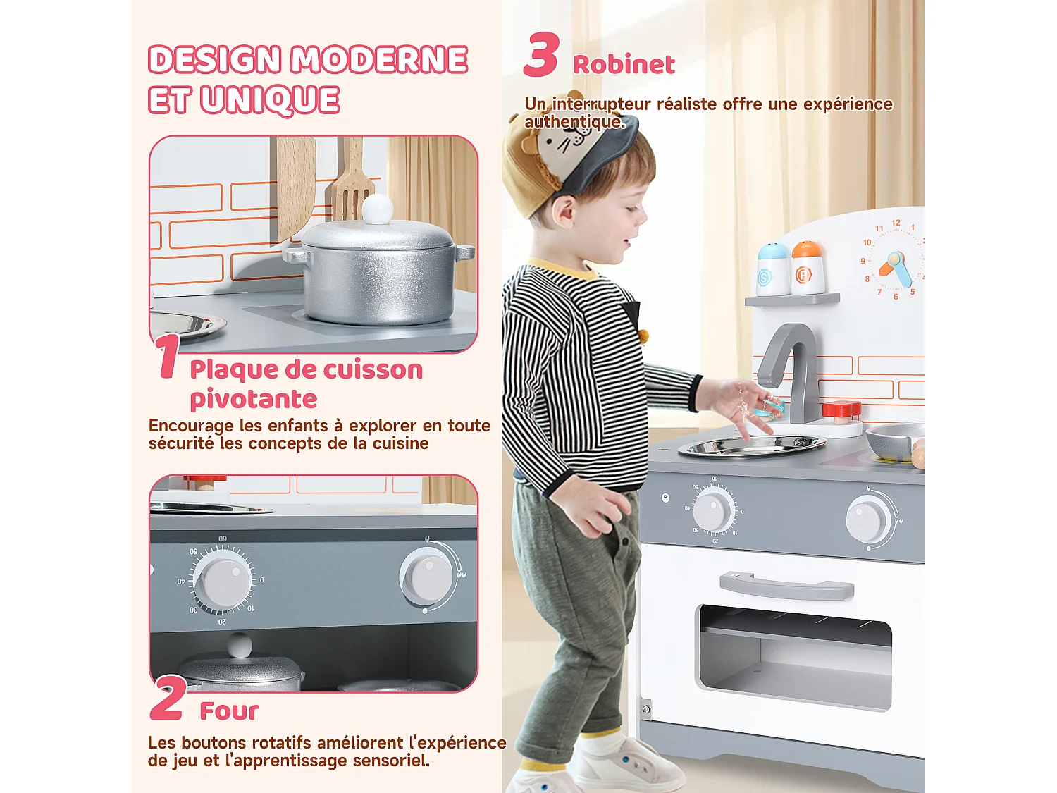 Cuisine multifonctionnelle pour enfants - ORYXEARTH - 40x24.5x50cm - Bois - Spatules et casseroles - Gris