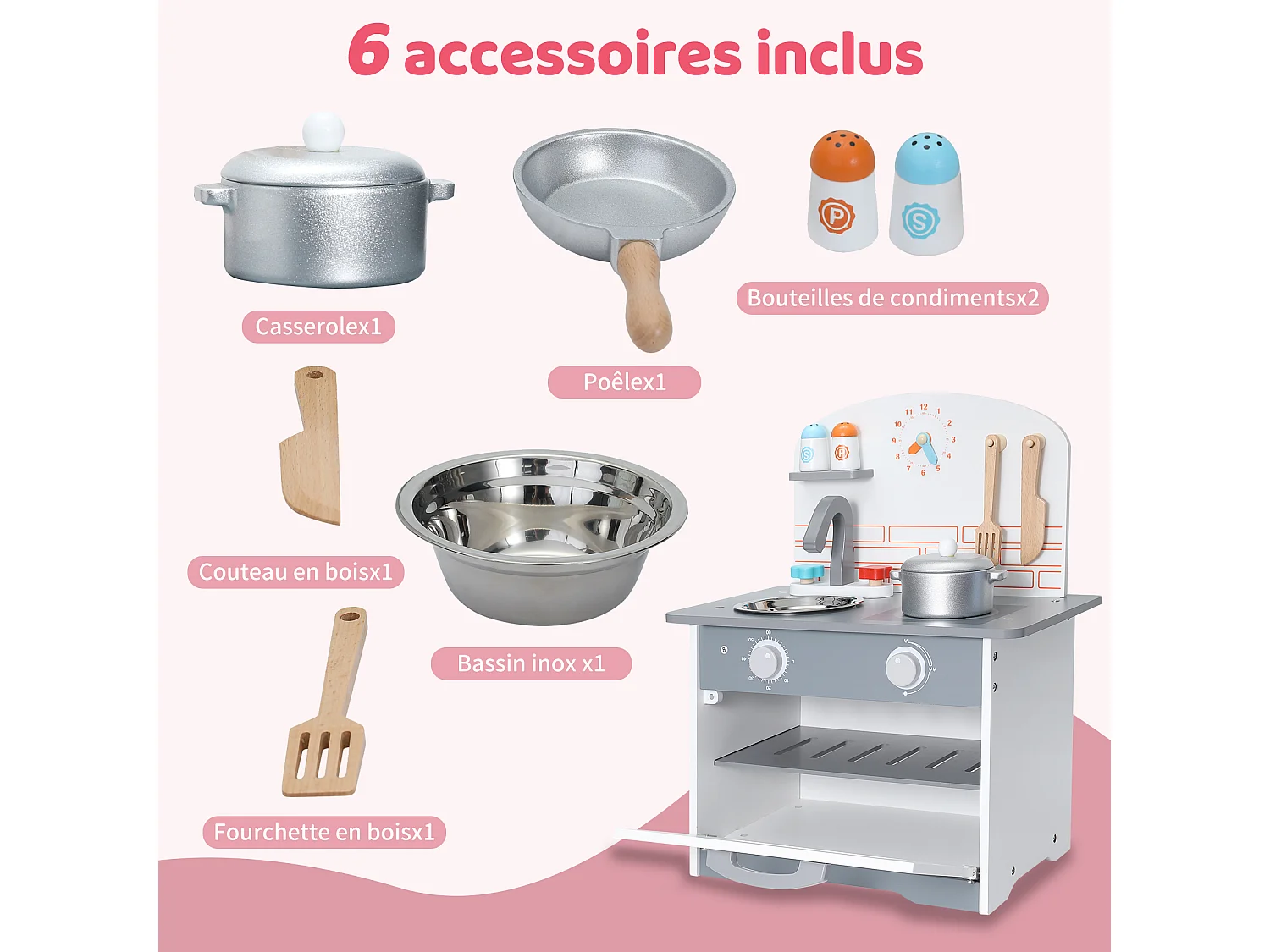 Cuisine multifonctionnelle pour enfants - ORYXEARTH - 40x24.5x50cm - Bois - Spatules et casseroles - Gris