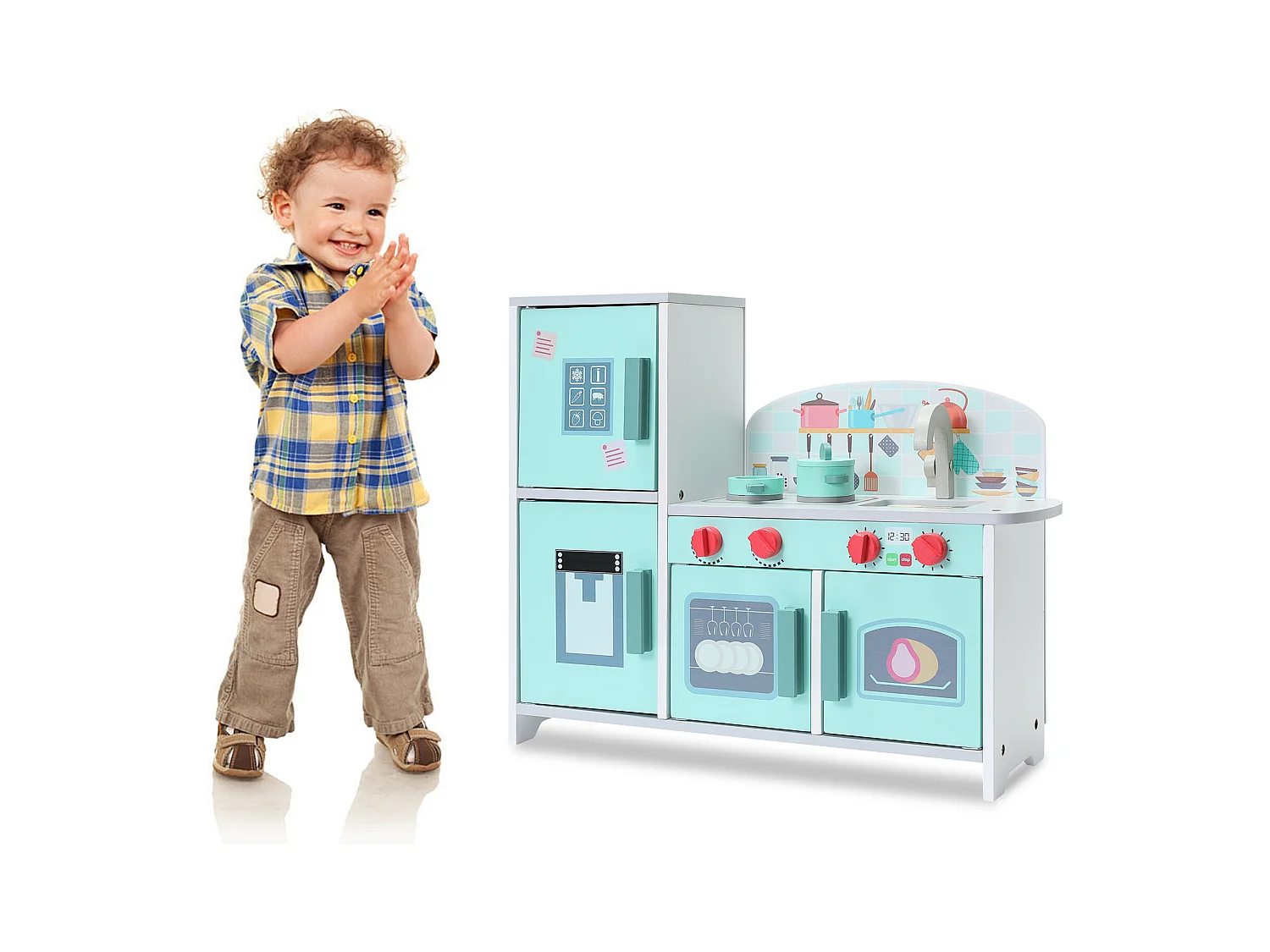 Cuisine Enfant Multifonctionnelle 5 en 1 - ORYXEARTH - Vert - 47.8x17x40.3cm - 3,35kg - Bois