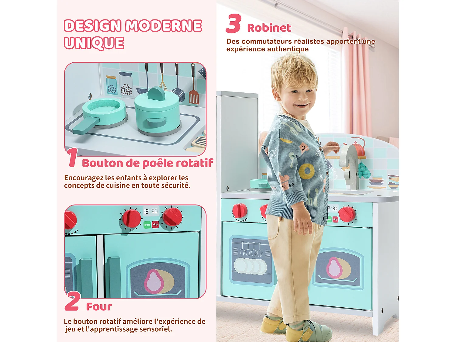 Cuisine Enfant Multifonctionnelle 5 en 1 - ORYXEARTH - Vert - 47.8x17x40.3cm - 3,35kg - Bois