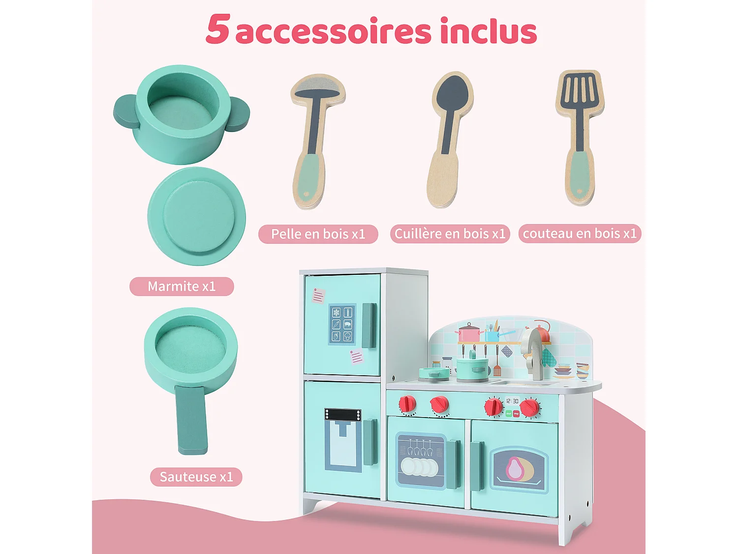 Cuisine Enfant Multifonctionnelle 5 en 1 - ORYXEARTH - Vert - 47.8x17x40.3cm - 3,35kg - Bois