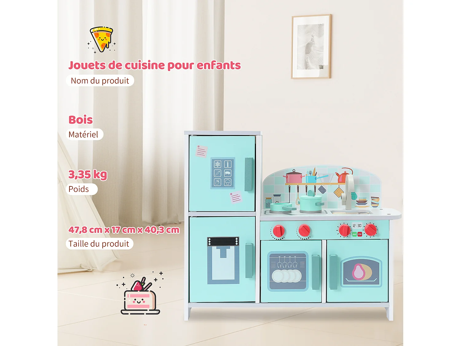 Cuisine Enfant Multifonctionnelle 5 en 1 - ORYXEARTH - Vert - 47.8x17x40.3cm - 3,35kg - Bois