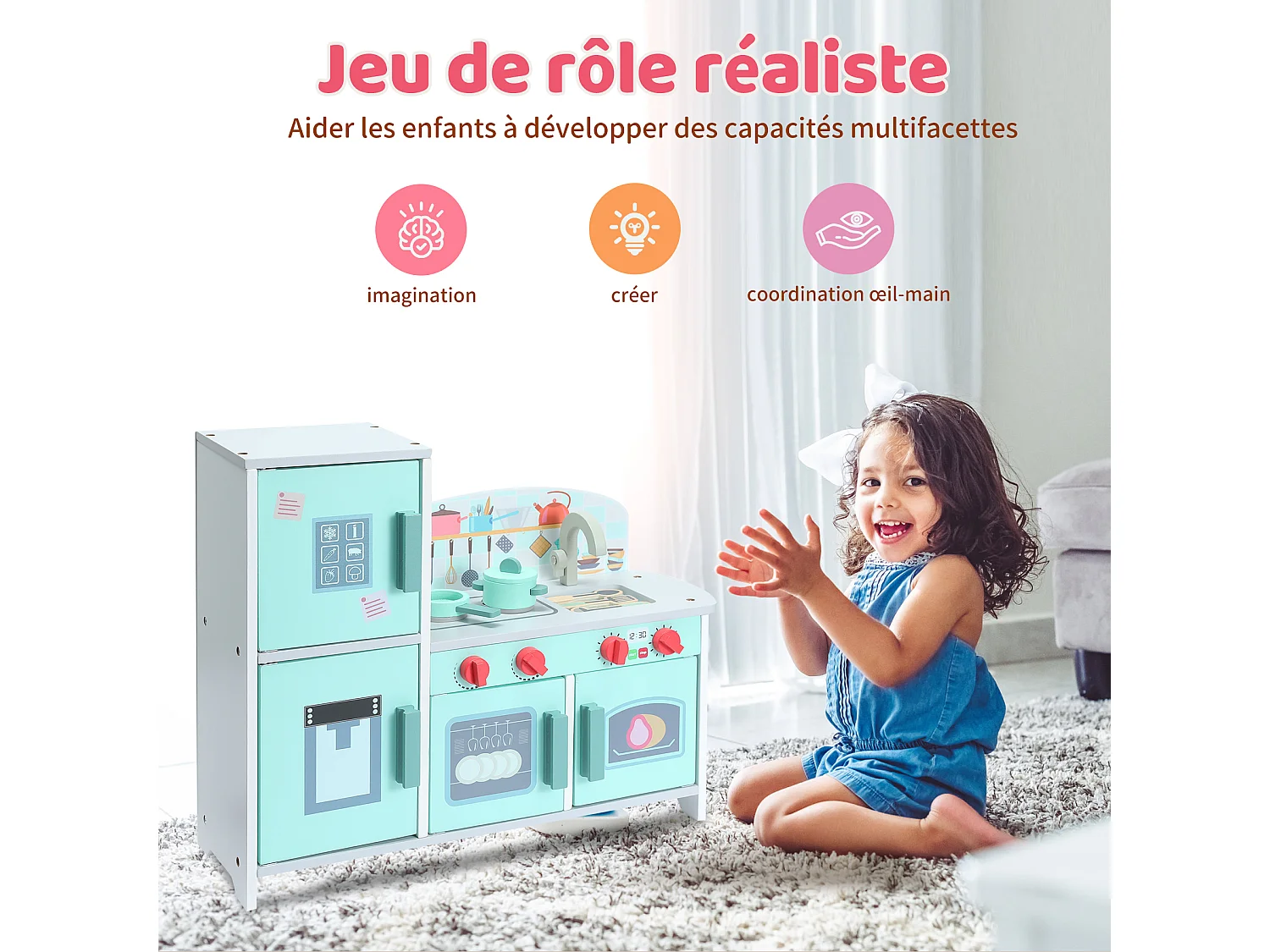 Cuisine Enfant Multifonctionnelle 5 en 1 - ORYXEARTH - Vert - 47.8x17x40.3cm - 3,35kg - Bois