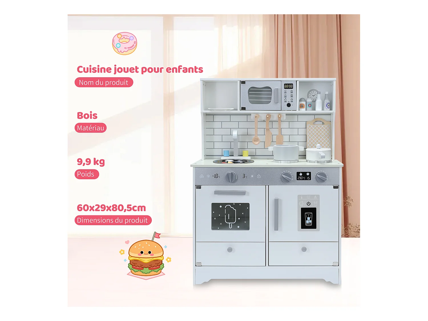 Cocina infantil multifuncional 5 en 1 ORYXEARTH - 60 x 29 x 80,5 cm - Madera - Blanco roto - Mixto