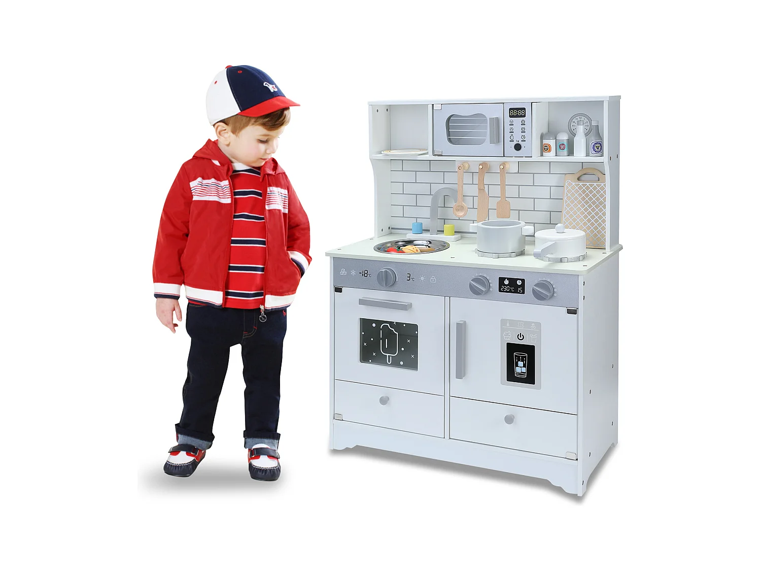 Cuisine Enfant Multifonctionnelle 5 en 1 - ORYXEARTH - 60x29x80.5cm - Bois - Blanc Cassé - Mixte