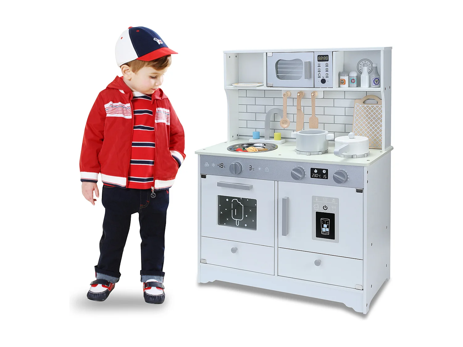 Cocina infantil multifuncional 5 en 1 ORYXEARTH - 60 x 29 x 80,5 cm - Madera - Blanco roto - Mixto