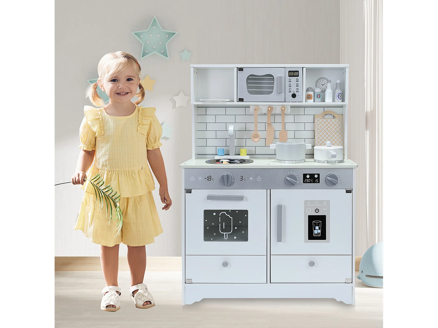 Cocina infantil multifuncional 5 en 1 ORYXEARTH - 60 x 29 x 80,5 cm - Madera - Blanco roto - Mixto