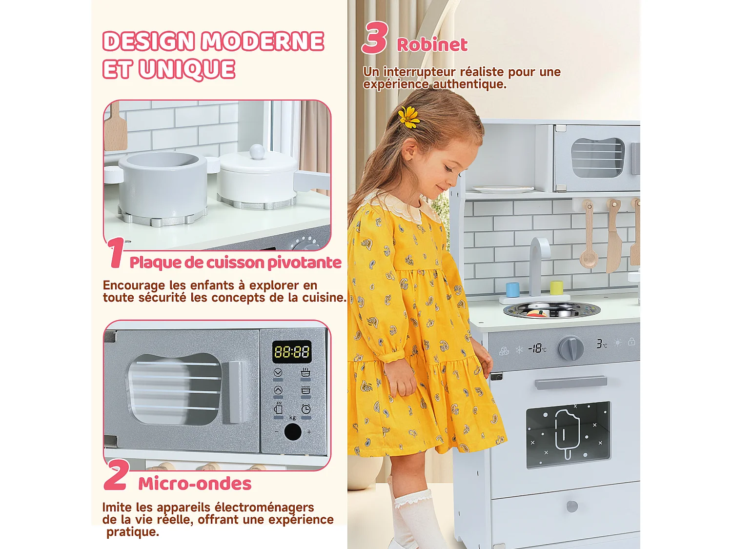 Cocina infantil multifuncional 5 en 1 ORYXEARTH - 60 x 29 x 80,5 cm - Madera - Blanco roto - Mixto