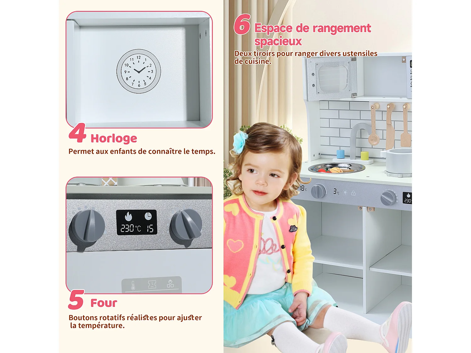 Cocina infantil multifuncional 5 en 1 ORYXEARTH - 60 x 29 x 80,5 cm - Madera - Blanco roto - Mixto