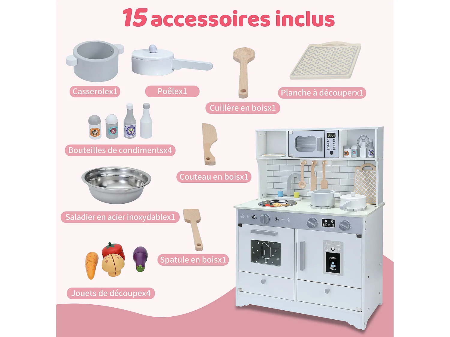 Cocina infantil multifuncional 5 en 1 ORYXEARTH - 60 x 29 x 80,5 cm - Madera - Blanco roto - Mixto