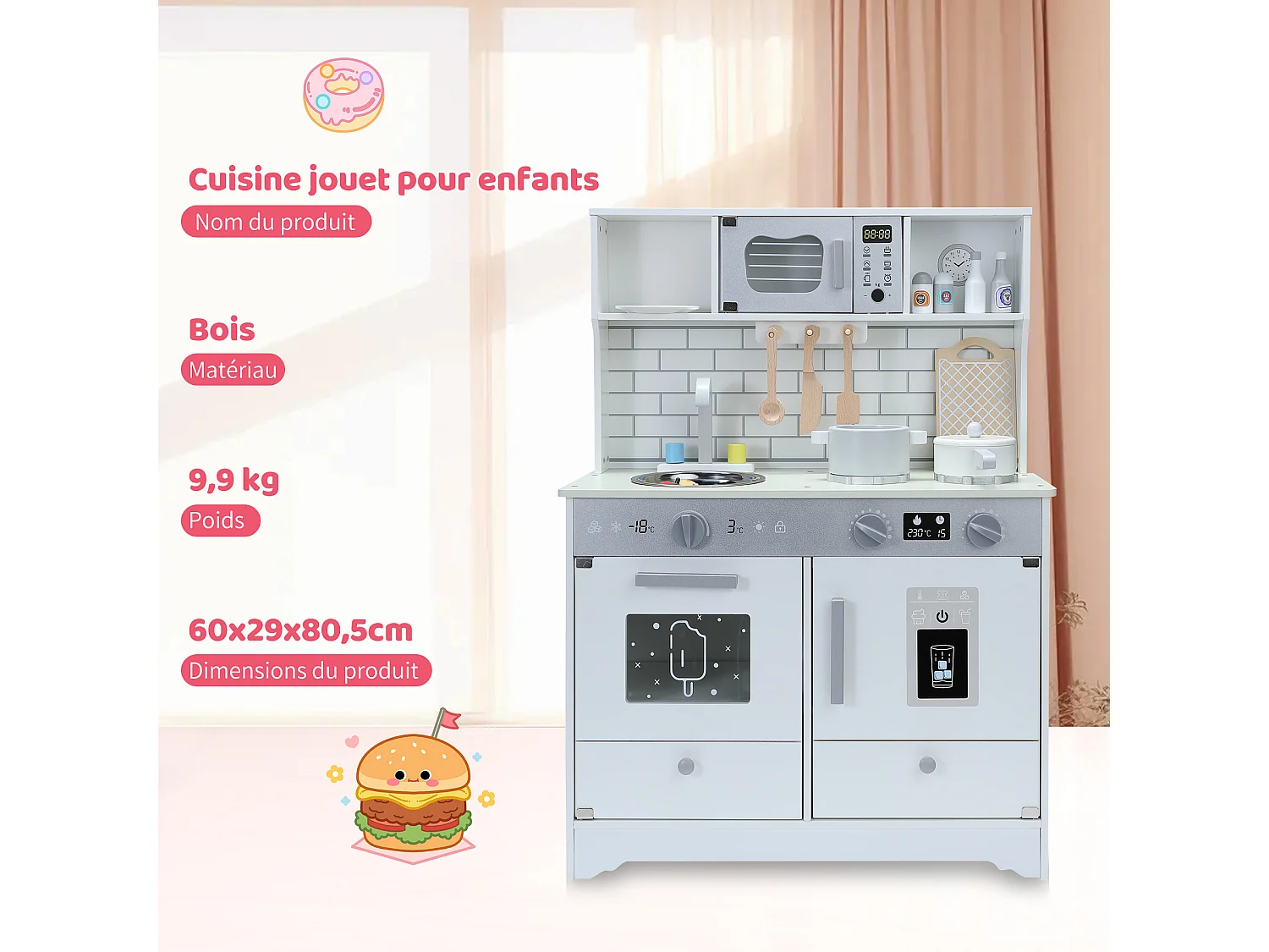 Cocina infantil multifuncional 5 en 1 ORYXEARTH - 60 x 29 x 80,5 cm - Madera - Blanco roto - Mixto