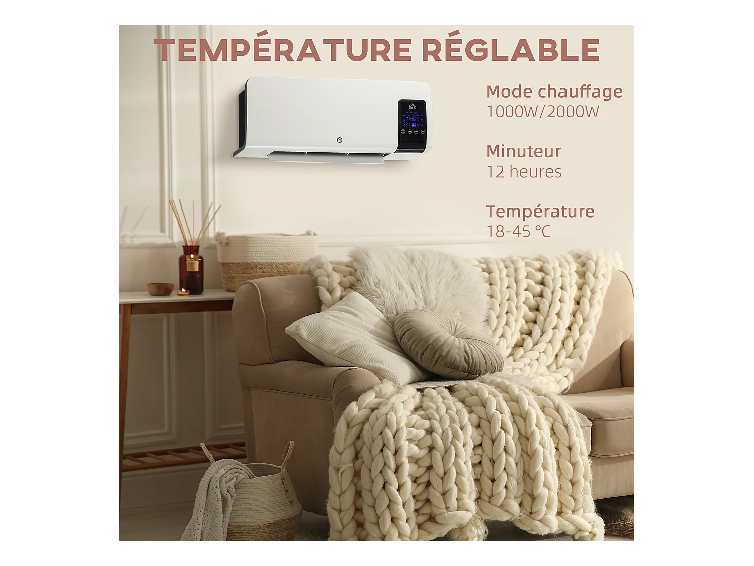 Radiateur mural soufflant 2000 W max. - chauffage céramique PTC - température réglable, timer, oscillation - télécommande incluse