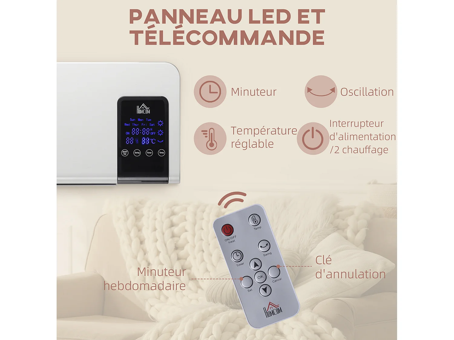 Radiateur mural soufflant 2000 W max. - chauffage céramique PTC - température réglable, timer, oscillation - télécommande incluse