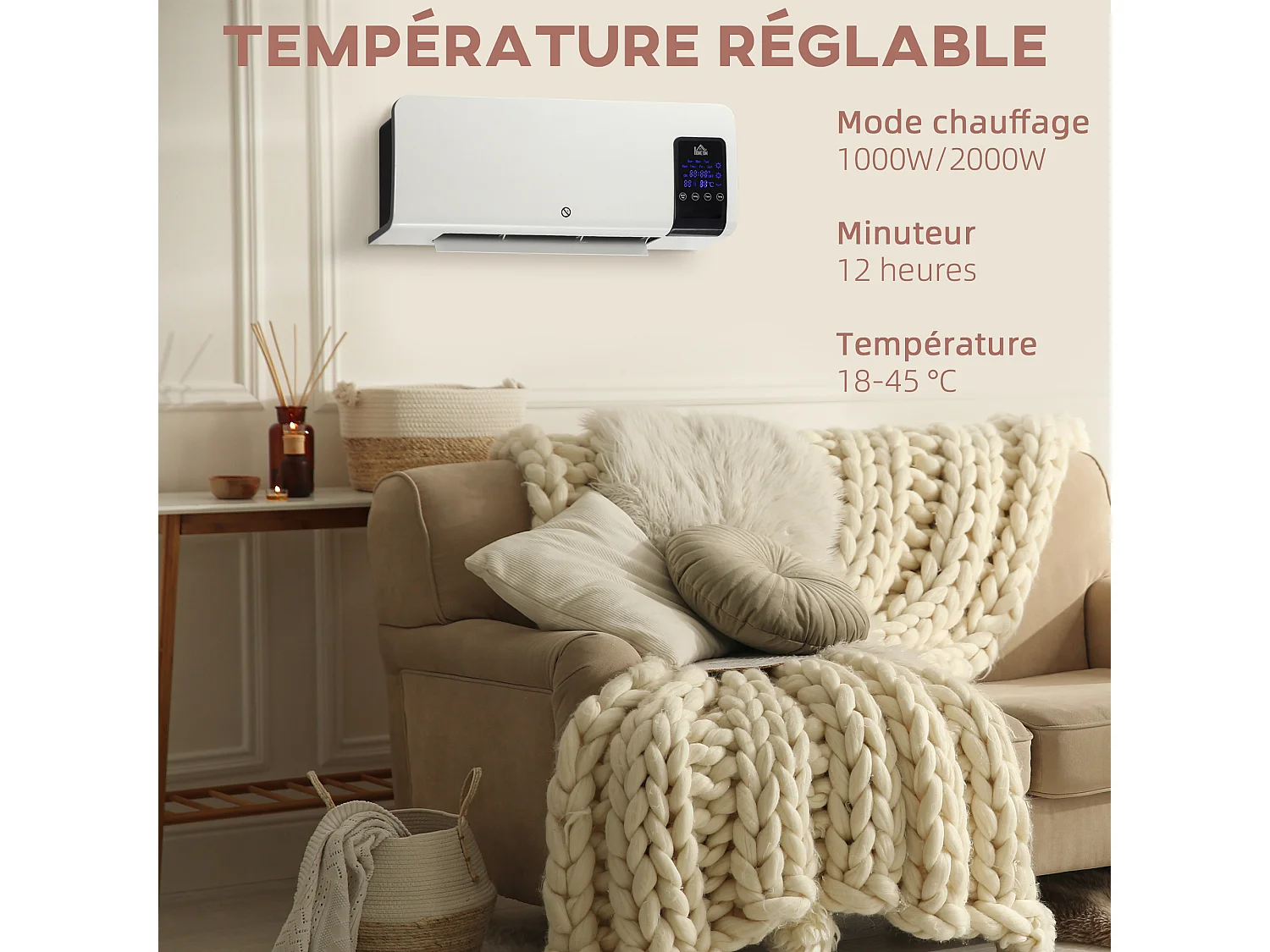 Radiateur mural soufflant 2000 W max. - chauffage céramique PTC - température réglable, timer, oscillation - télécommande incluse