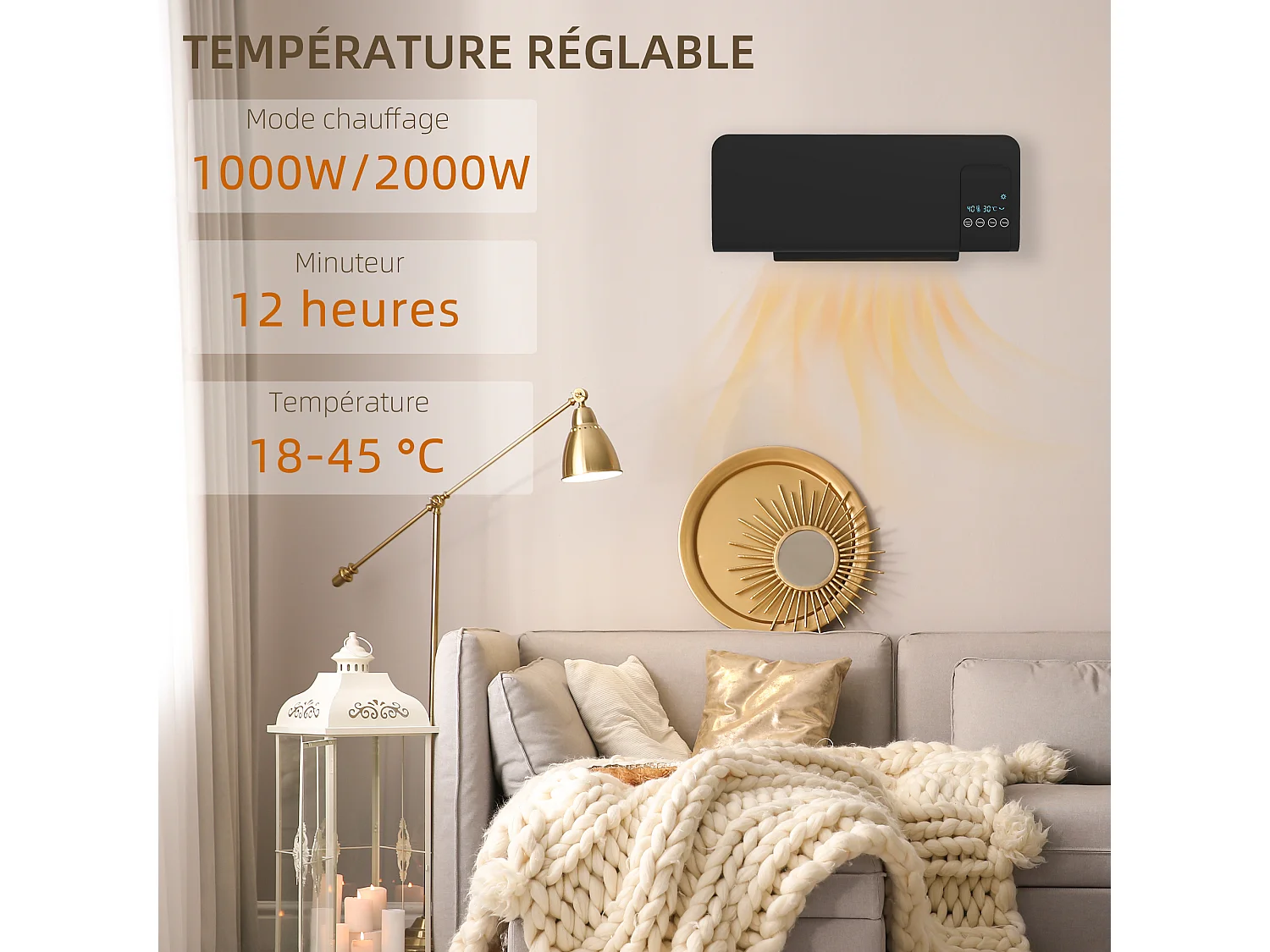 Radiateur mural soufflant 2000 W max. - chauffage céramique PTC - température réglable, timer, oscillation - télécommande incluse noir