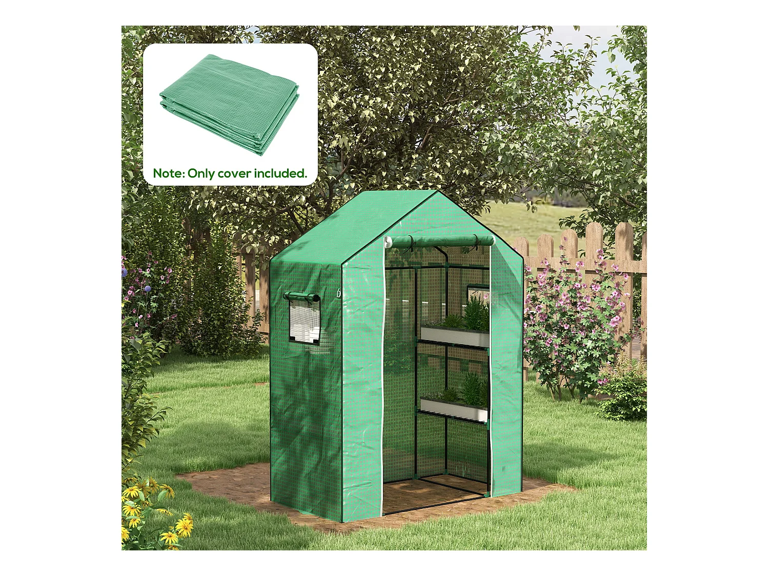 Bâche de remplacement serre de jardin dim. 140L x 73l x 190H cm - 2 fenêtres, porte zippée enroulable - PE anti-UV imperméable vert