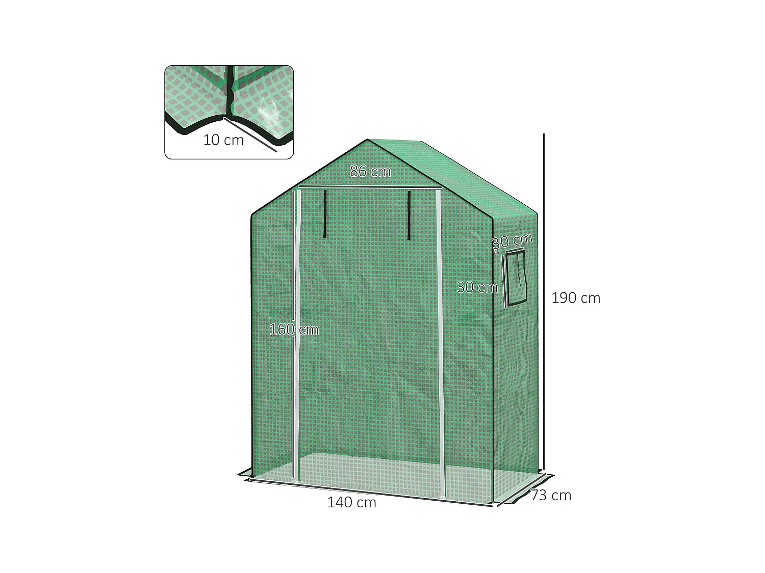 Bâche de remplacement serre de jardin dim. 140L x 73l x 190H cm - 2 fenêtres, porte zippée enroulable - PE anti-UV imperméable vert
