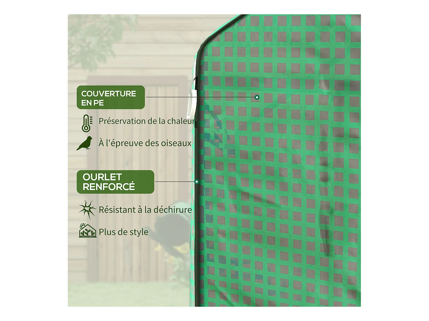 Bâche de remplacement serre de jardin dim. 140L x 73l x 190H cm - 2 fenêtres, porte zippée enroulable - PE anti-UV imperméable vert