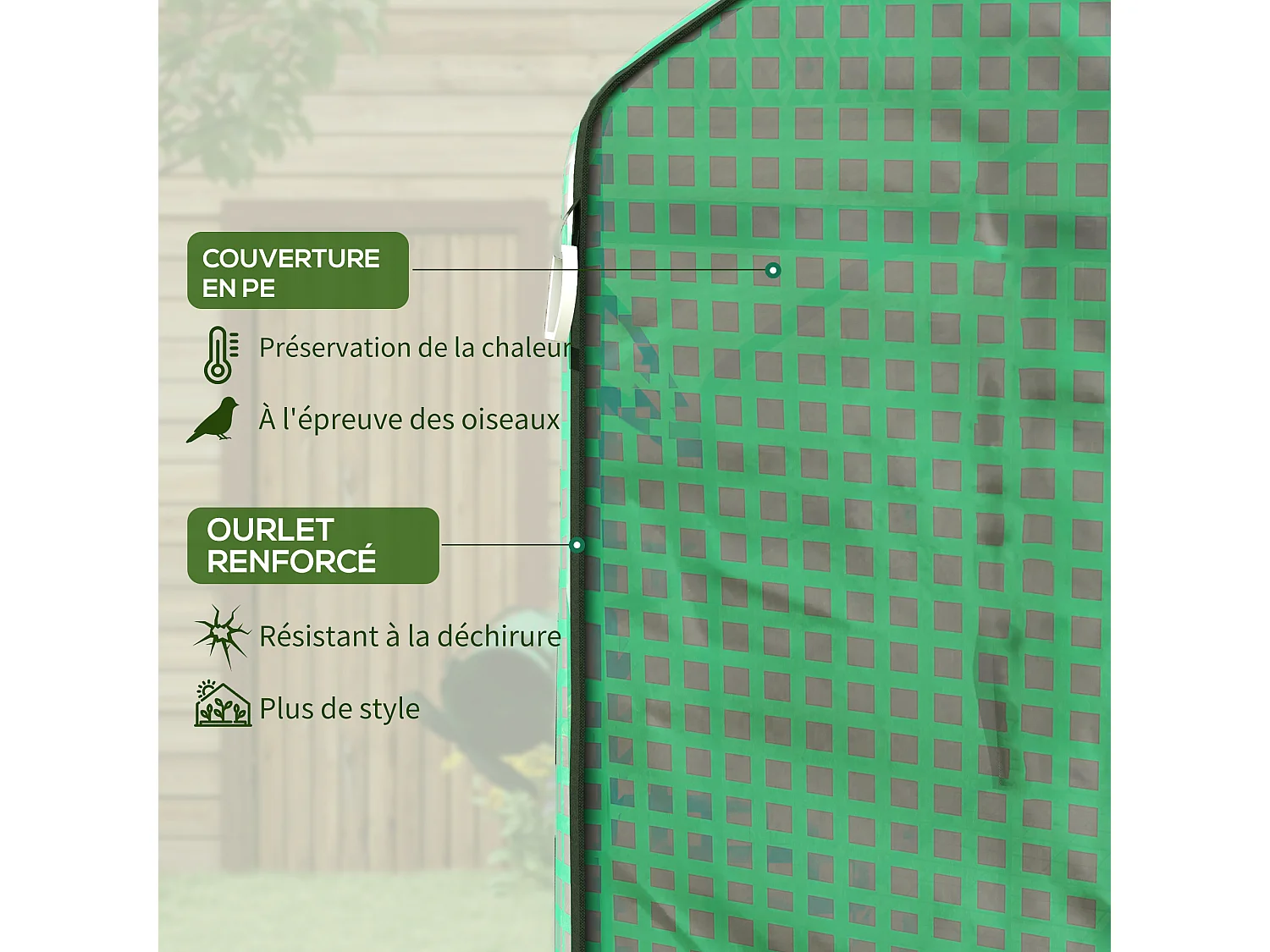 Bâche de remplacement serre de jardin dim. 140L x 73l x 190H cm - 2 fenêtres, porte zippée enroulable - PE anti-UV imperméable vert