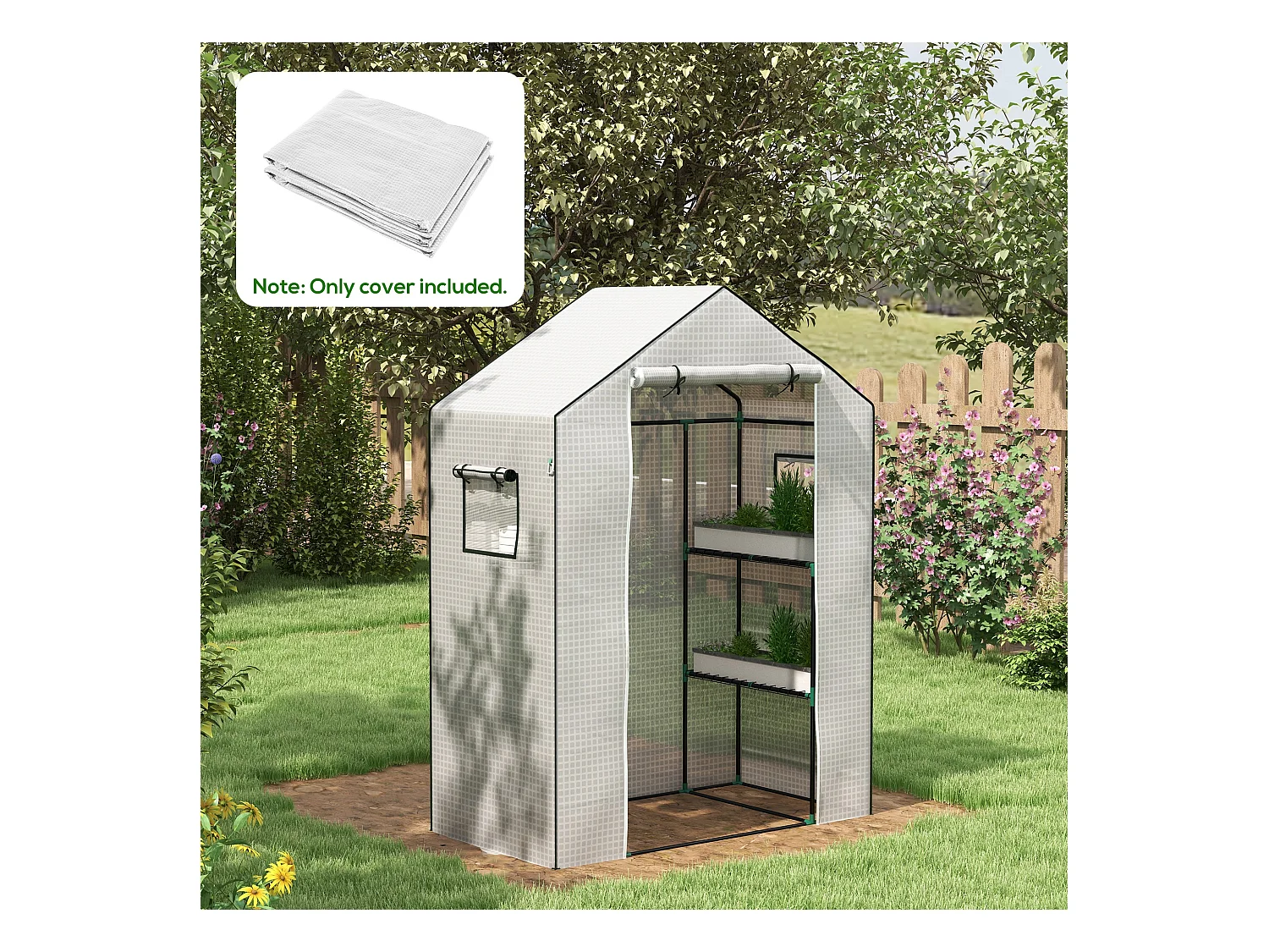 Bâche de remplacement serre de jardin dim. 140L x 73l x 190H cm - 2 fenêtres, porte zippée enroulable - PE anti-UV imperméable blanc
