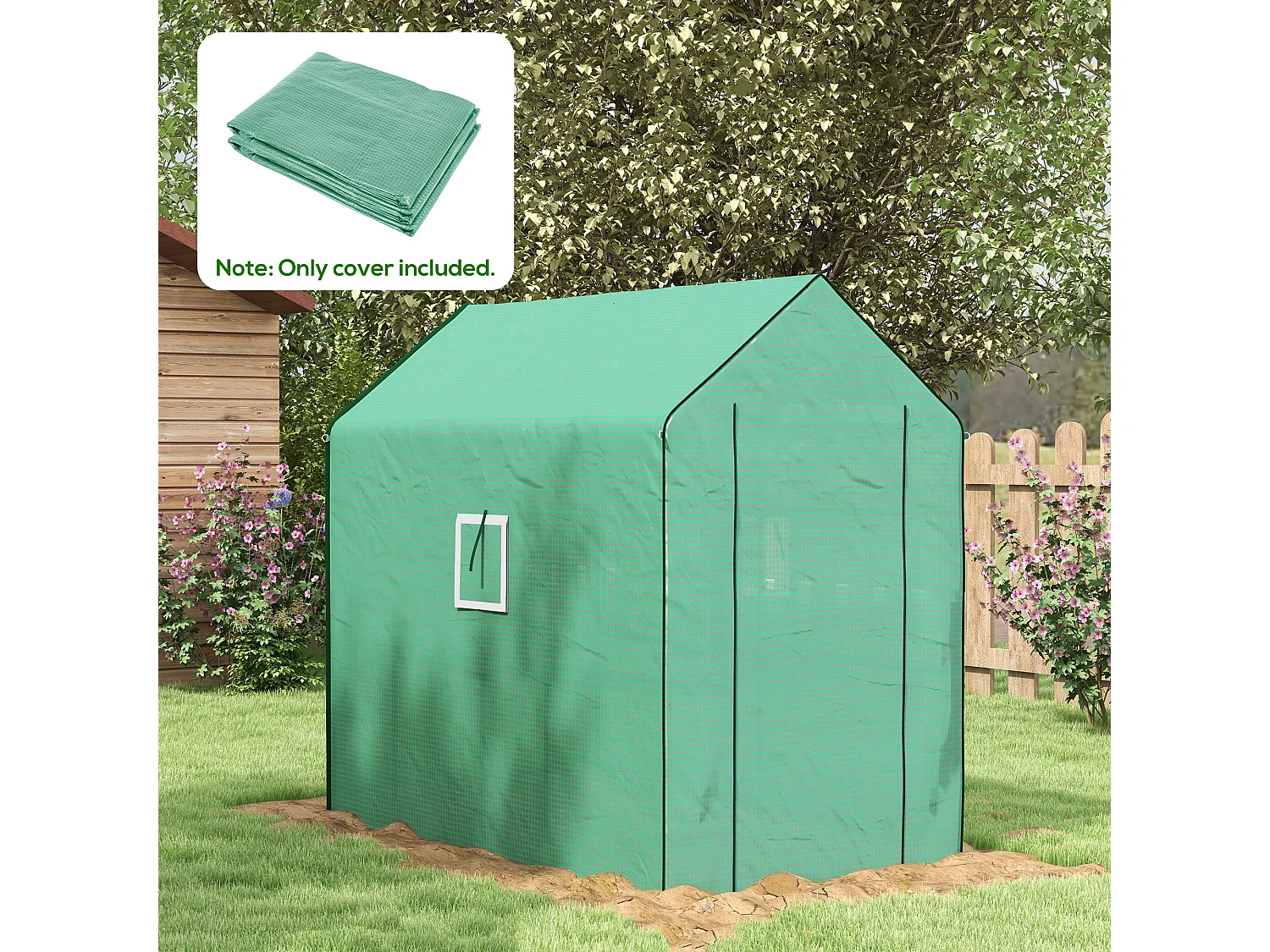 Bâche de remplacement serre de jardin dim. 140L x 213l x 190H cm - 2 fenêtres, porte zippée enroulable - PE anti-UV imperméable vert
