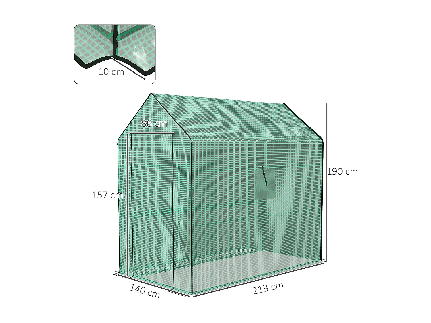 Bâche de remplacement serre de jardin dim. 140L x 213l x 190H cm - 2 fenêtres, porte zippée enroulable - PE anti-UV imperméable vert