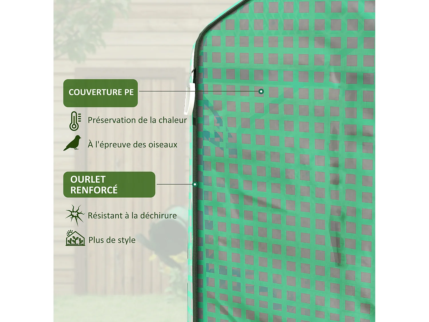 Bâche de remplacement serre de jardin dim. 140L x 213l x 190H cm - 2 fenêtres, porte zippée enroulable - PE anti-UV imperméable vert