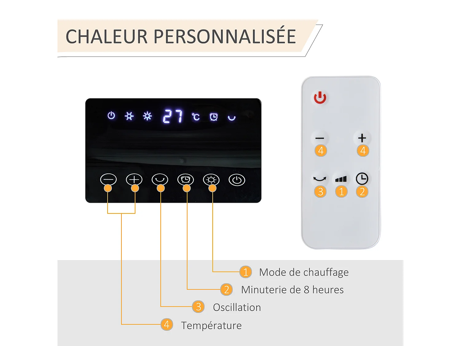 Chauffage soufflant oscillant 2000 W - radiateur céramique PTC - 3 niveaux de puissance - chauffage d'appoint avec télécommande blanc noir