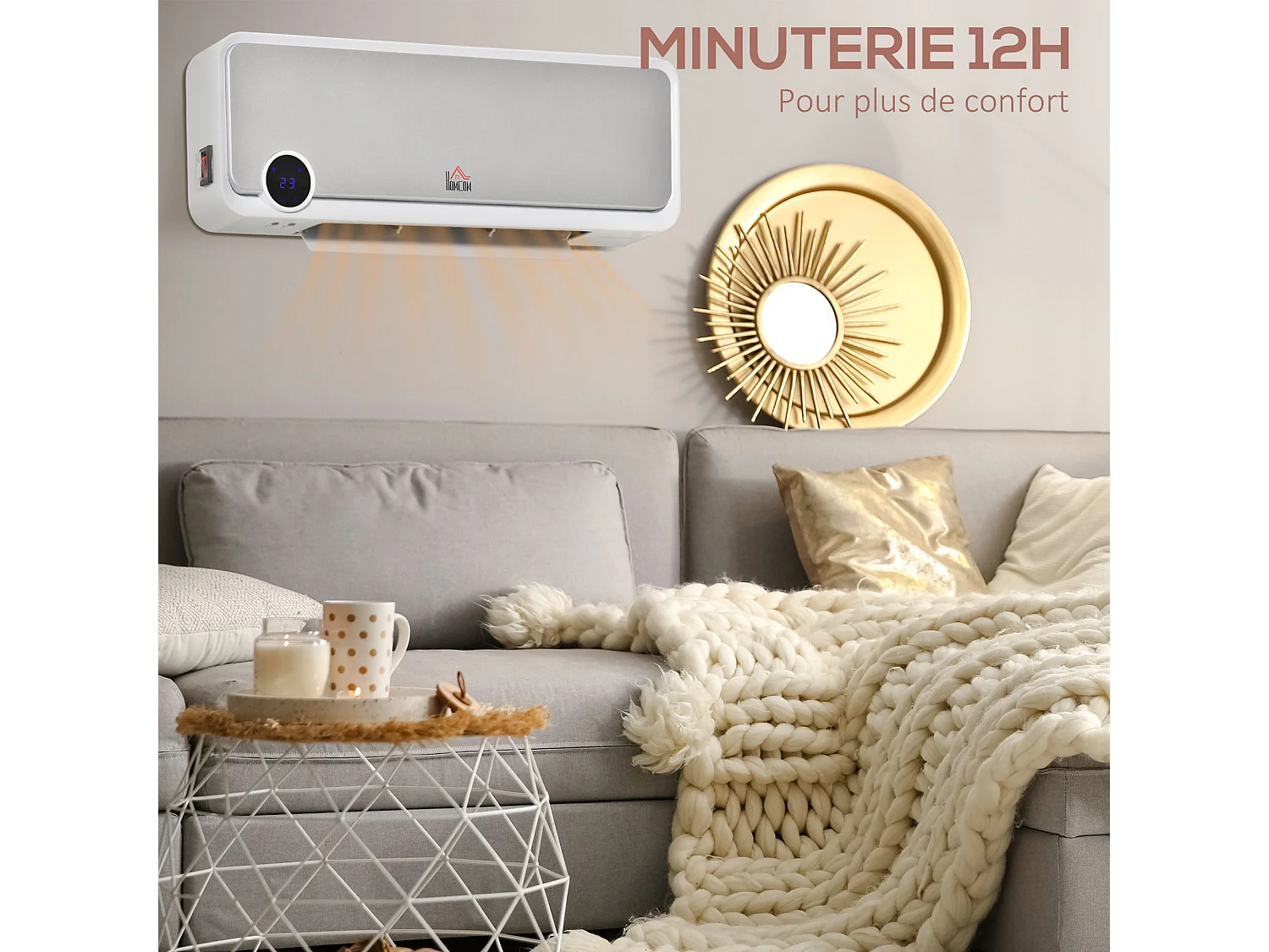 Radiateur mural soufflant oscillant 2000 W - chauffage céramique PTC - 3 niveaux de puissance - télécommande incluse blanc argenté